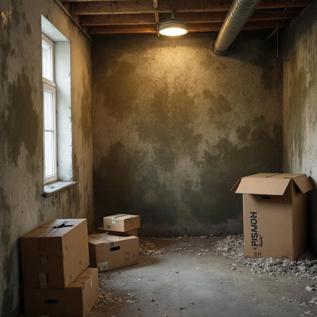 Schimmelvlekken op Belgische keldermuur - 15-20% bedekking met beschadigde dozen